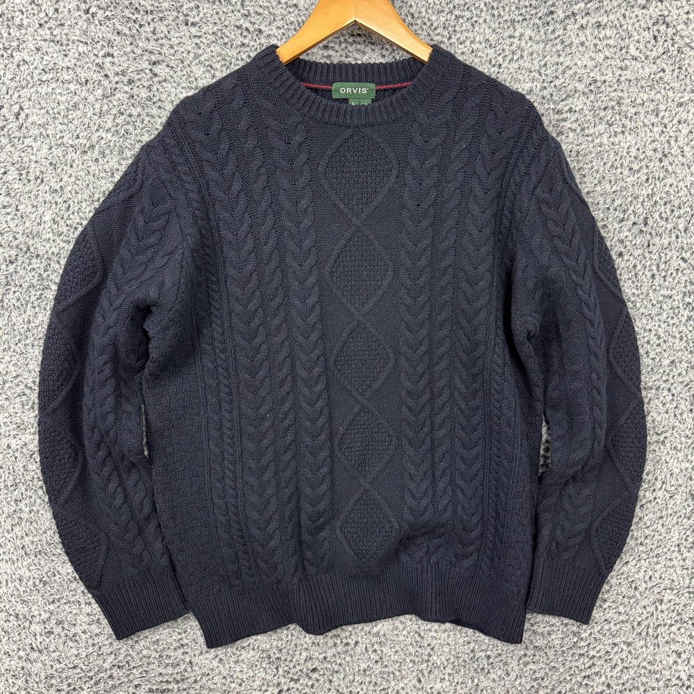 Orvis Fisherman Knit Sweater Adult Large Blue Wool Aran Cable Knit Crewneck